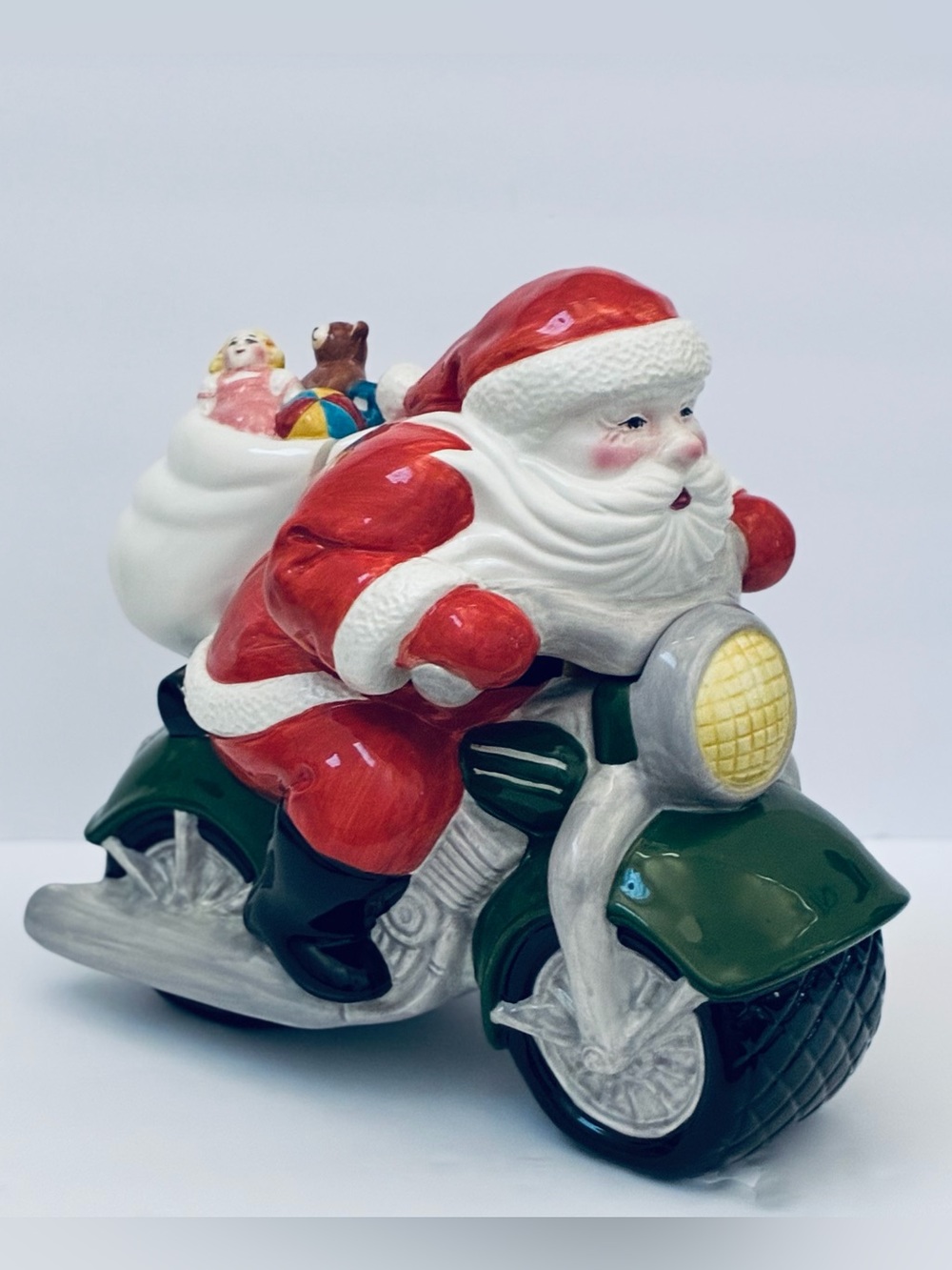 Vintage 1998 Clay Art Hand-Painted Cookie Jar  Biker Santa On A Green motorcycle
